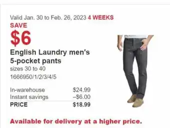 Costco English Laundry Men's 5-Pocket Pants offer