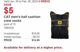 Costco CAT Men's Half Cushion Crew Socks Pack of 10 offer