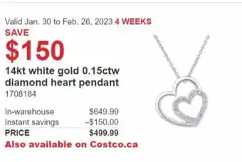 Costco 14kt White Gold 0.15ctw Diamond Heart Pendant offer