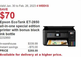 Costco Epson Eco Tank ET 2850 All-in-One Special Edition Printer With Bonus Black Ink Bottle offer