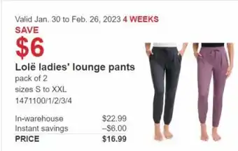 Costco Lole Ladies Lounge Pants Pack of 2 offer
