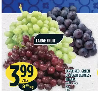 Marché Adonis Large red, green or black seedless grapes offer