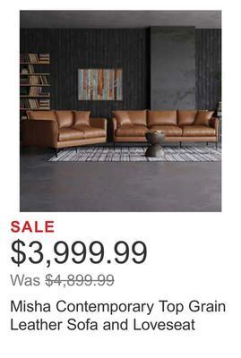 Costco Misha contemporary top grain leather sofa and loveseat offer