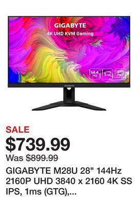Newegg Gigabyte m28u 28" 144hz 2160p uhd 3840 x 2160 4k ss ips, 1ms (gtg), 94% dci-p3, hdr ready, freesync premium pro, 1 x displayp offer