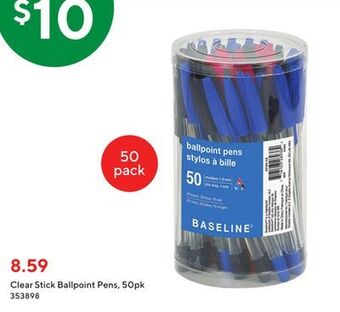 Staples Baseline clear stick ballpoint pens, offer