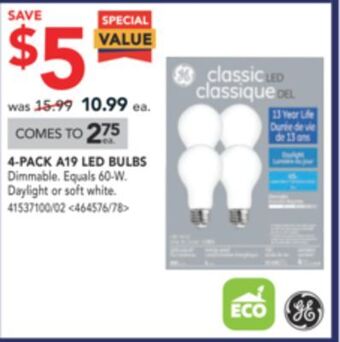 Lowe's Ge 4-pack a19 led bulbs offer