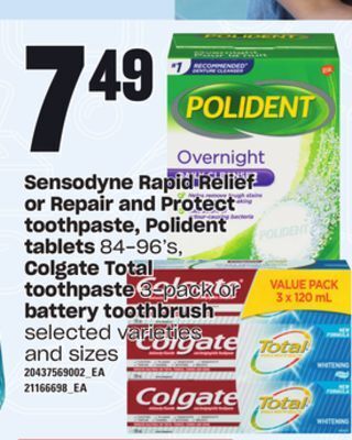 Loblaws Sensodyne rapid relief or repair and protect toothpaste, polident tablets, 84-96's, colgate total toothpaste 3-pack or batter offer
