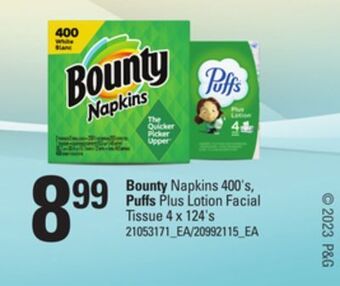 Loblaws Bounty napkins 400's, puffs plus lotion facial tissue 4 x 124's offer