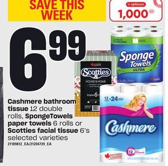 Loblaws Cashmere bathroom tissue, 12 double rolls, spongetowels paper towels, 6 rolls or scotties facial tissue, 6's offer