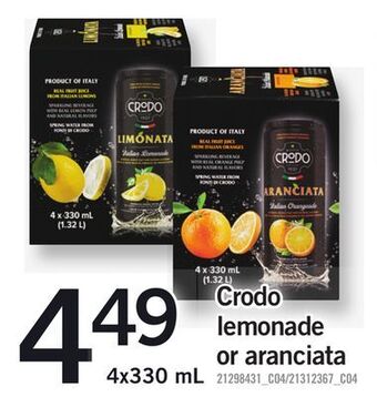 Fortinos Crodo lemonade or aranciata, 4x330 ml offer