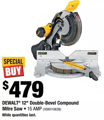 Home Depot Dewalt 12" double-bevel compound mitre saw offer