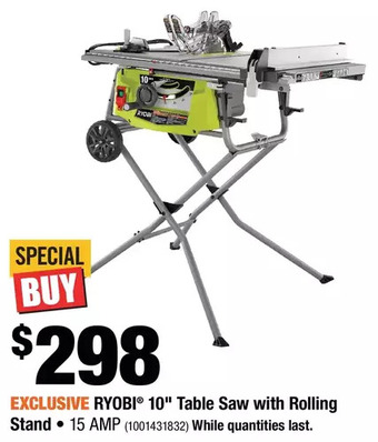 Home Depot Ryobi 10" table saw with rolling stand offer
