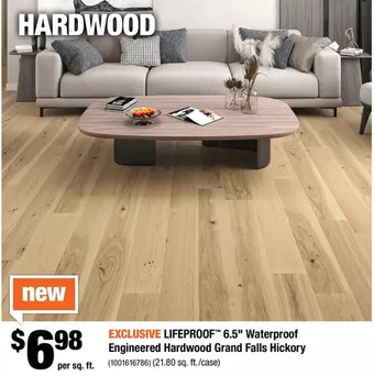 Home Depot Lifeproof 6.5" waterproof engineered hardwood grand falls hickory offer