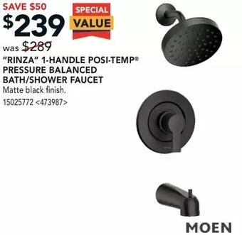 RONA Moen "rinza" 1-handle posi-temp pressure balanced bath/shower faucet offer