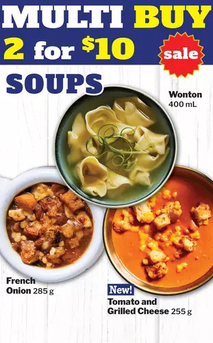 M & M Food Market Soups - french onion | wonton | tomato and grilled cheese offer