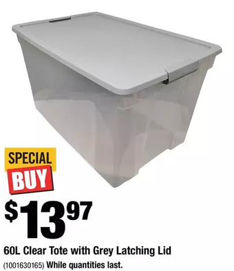 Home Depot 60l clear tote with grey latching lid offer