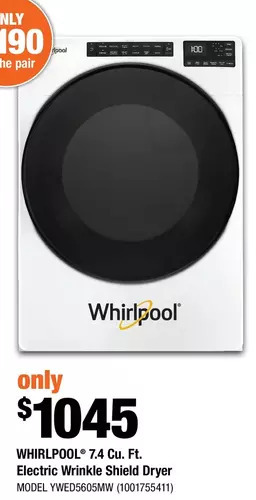Home Depot Whirlpool 7.4 cu. ft. electric wrinkle shield dryer offer