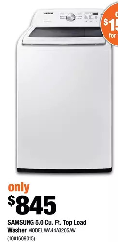 Home Depot Samsung 5.0 cu. ft. top load washer offer