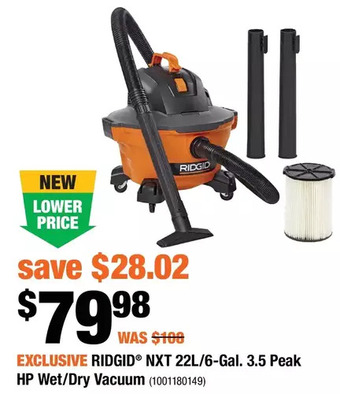 Home Depot Ridgid nxt 22l/6-gal. 3.5 peak hp wet/dry vacuum offer