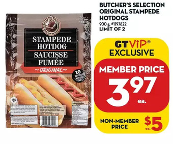 Giant Tiger Butcher's selection original stampede hotdogs offer