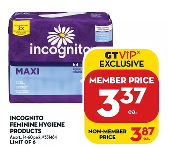 Giant Tiger Incognito feminine hygiene products offer