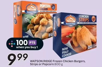 Sobeys Watson ridge frozen chicken burgers, strips or popcorn offer