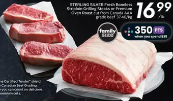Sobeys Sterling silver fresh boneless striploin grilling steaks or premium oven roast offer