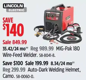 Canadian Tire Lincoln electric mig-pak 180 wire-feed welder | auto-dark welding helmet, camo offer