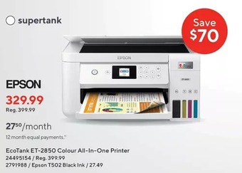 Staples Epson ecotank et-2850 colour all-in-one printer | t502 black ink bottle offer