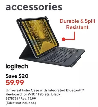 Staples Logitech universal folio case with integrated bluetooth keyboard for 9-10" tablets offer