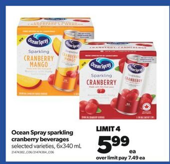 Real Canadian Superstore Ocean spray sparkling cranberry beverages, 6x340 ml offer