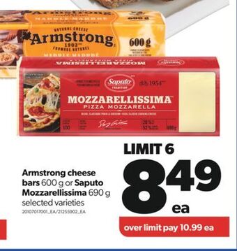 Real Canadian Superstore Armstrong cheese bars 600 g or saputo mozzarellissima 690 g offer