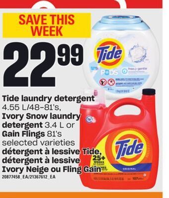 Independent Grocer Tide laundry detergent, 4.55 l/48-81's, ivory snow laundry detergent, 3.4 l or gain flings, 81's offer