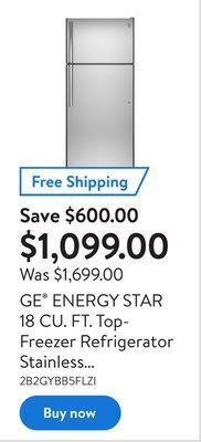 Walmart Ge® energy star 18 cu. ft. top- freezer refrigerator stainless steel - gte18fslkss offer