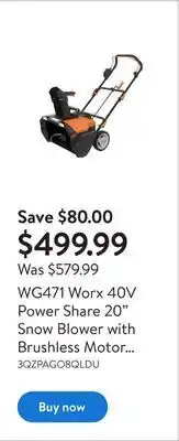 Walmart Wg471 worx 40v power share 20" snow blower with brushless motor (batteries and charger included) offer