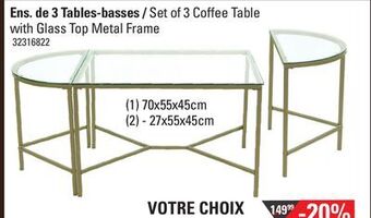 Sushi Shop Set of 3 coffee table with glass top metal frame offer