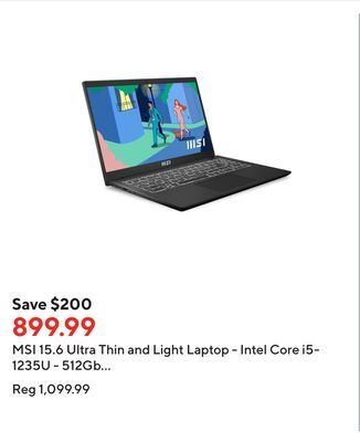 Staples Msi 15.6 ultra thin and light laptop - intel core i5-1235u - 512gb nvme ssd - 16gb ram - windows 11 offer