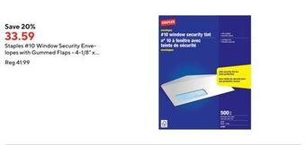 Staples Staples #10 window security envelopes with gummed flaps - 4-1/8" x 9-1/2" - white - 500 pack offer