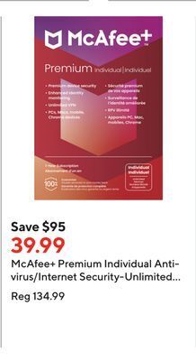 Staples Mcafee+ premium individual antivirus/internet security-unlimited devices (windows/mac/android/ios)-1-year subscription(downlo offer