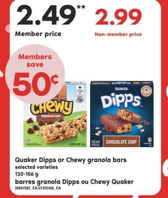Valu-mart Barres granola dipps ou chewy quaker, 120-156 g offer