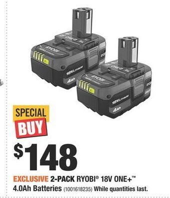 Home Depot 2-pack ryobi® 18v one+ ™ 4.0ah batteries offer