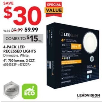 RONA Leadvision 4-pack led recessed lights 4" offer