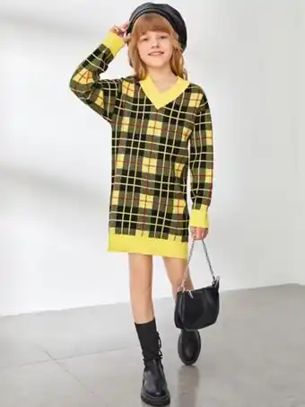 SheIn Shein girls plaid drop shoulder sweater dress offer