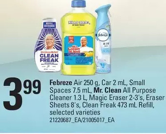 Loblaws Febreze air, car, small spaces, mr. clean all purpose cleaner, magic eraser, eraser sheets, clean freak refill offer