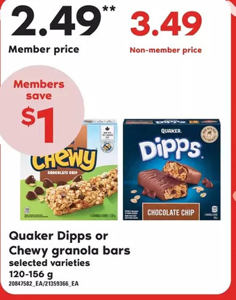 Loblaws Quaker dipps or chewy granola bars offer