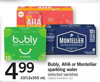Fortinos Bubly, aha or montellier sparkling water offer