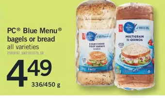Fortinos Pc blue menu bagels or bread offer