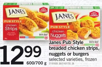 Fortinos Janes pub style breaded chicken strips, nuggets or burgers offer