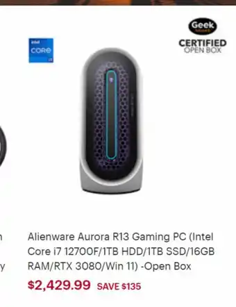 Best Buy Alienware Aurora R13 Gaming PC (Intel Core i7 12700F/1TB HDD/1TB SSD/16GB RAM/RTC 3080/Win 11) -Open Box offer