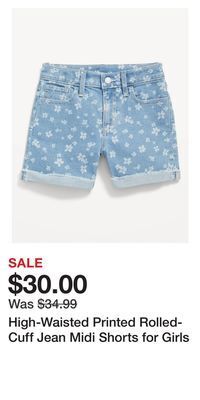 Old Navy High-waisted printed rolled-cuff jean midi shorts for girls offer